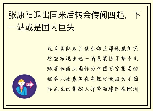 张康阳退出国米后转会传闻四起，下一站或是国内巨头